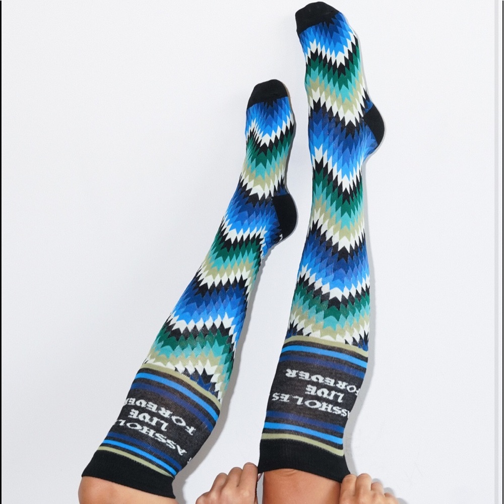 Linda Finegold Alf tribal blue and green knee high socks